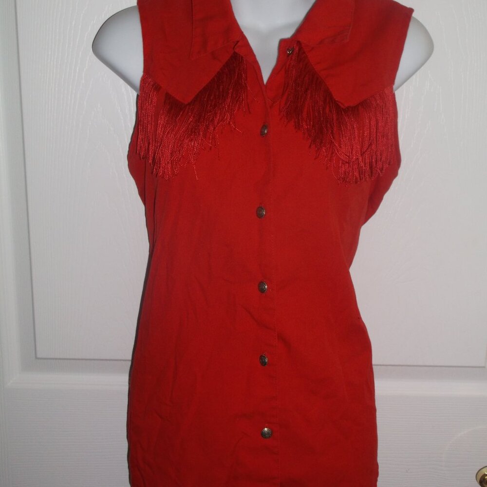 Western Collection RED Sleeveless OPEN BACK Fringe SHIRT ~ Size Large - Cowgirl